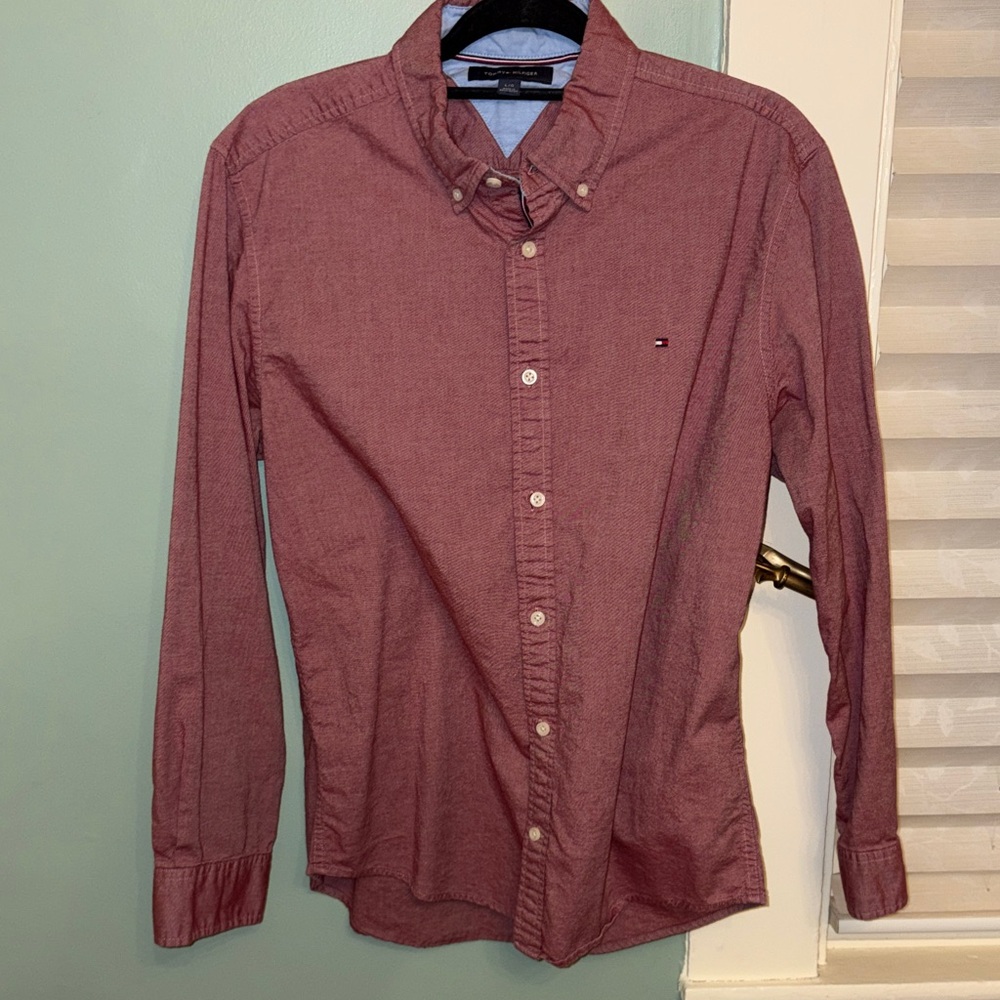 Tommy Hilfiger Button Down Shirt Men’s Large Maroon Burgundy Logo Casual Classic